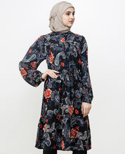 Black Paisley Balloon Sleeve Midi Dress