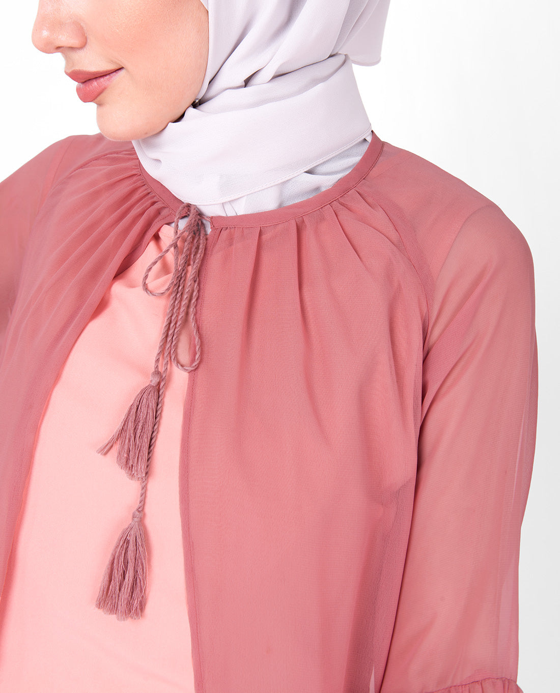 Pink Gathered Neck Sheer Outerwear