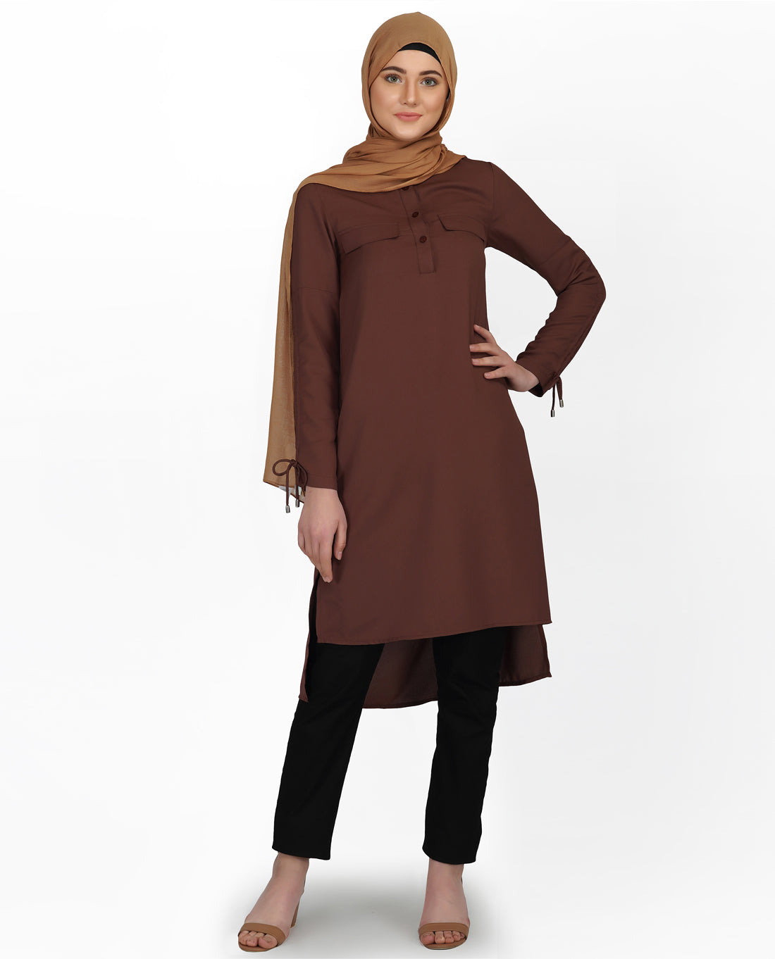 Cognac Brown Drawstring Sleeve Midi Dress