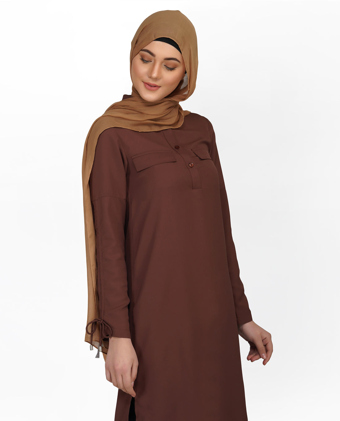 Cognac Brown Drawstring Sleeve Midi Dress