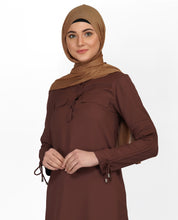 Cognac Brown Drawstring Sleeve Midi Dress