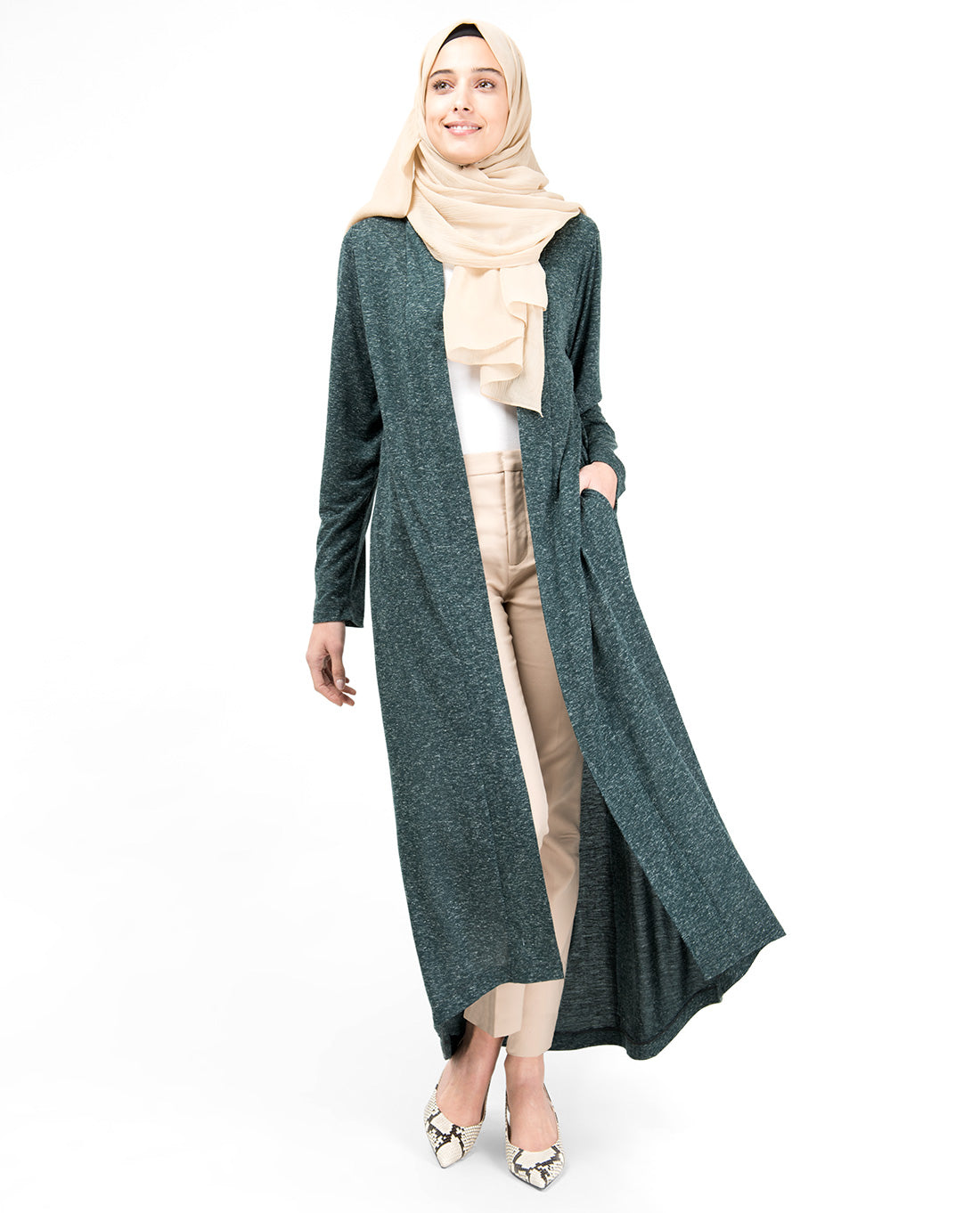 Green Slub Full Front Open Outerwear