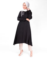 Black Mandarin Collar Embroidery Midi