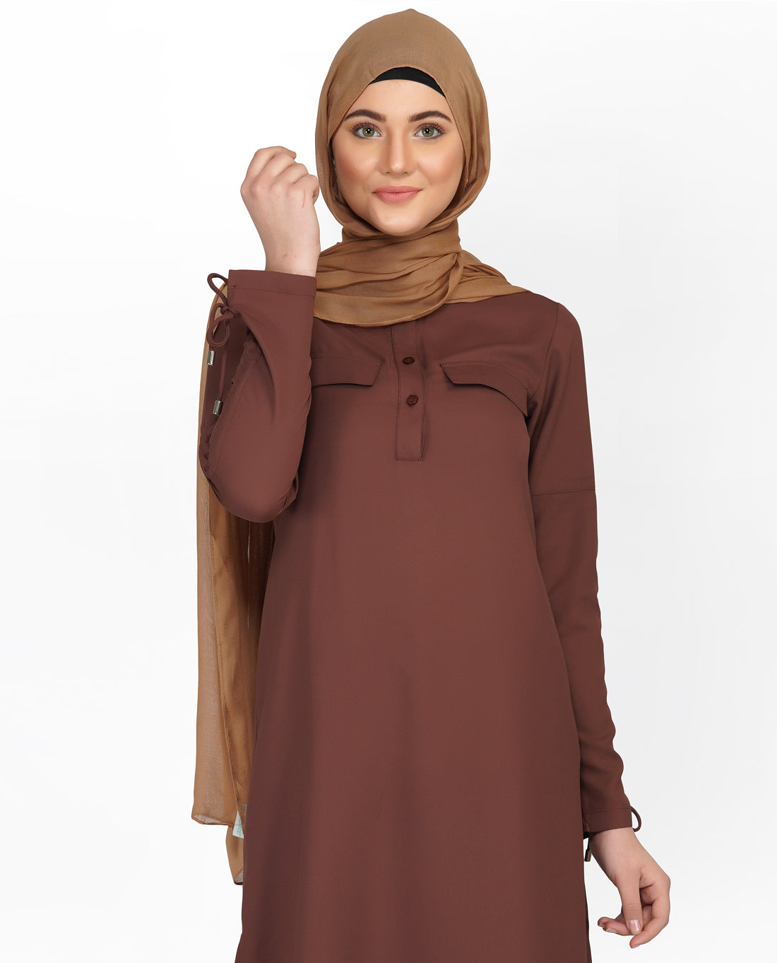 Cognac Brown Drawstring Sleeve Midi Dress