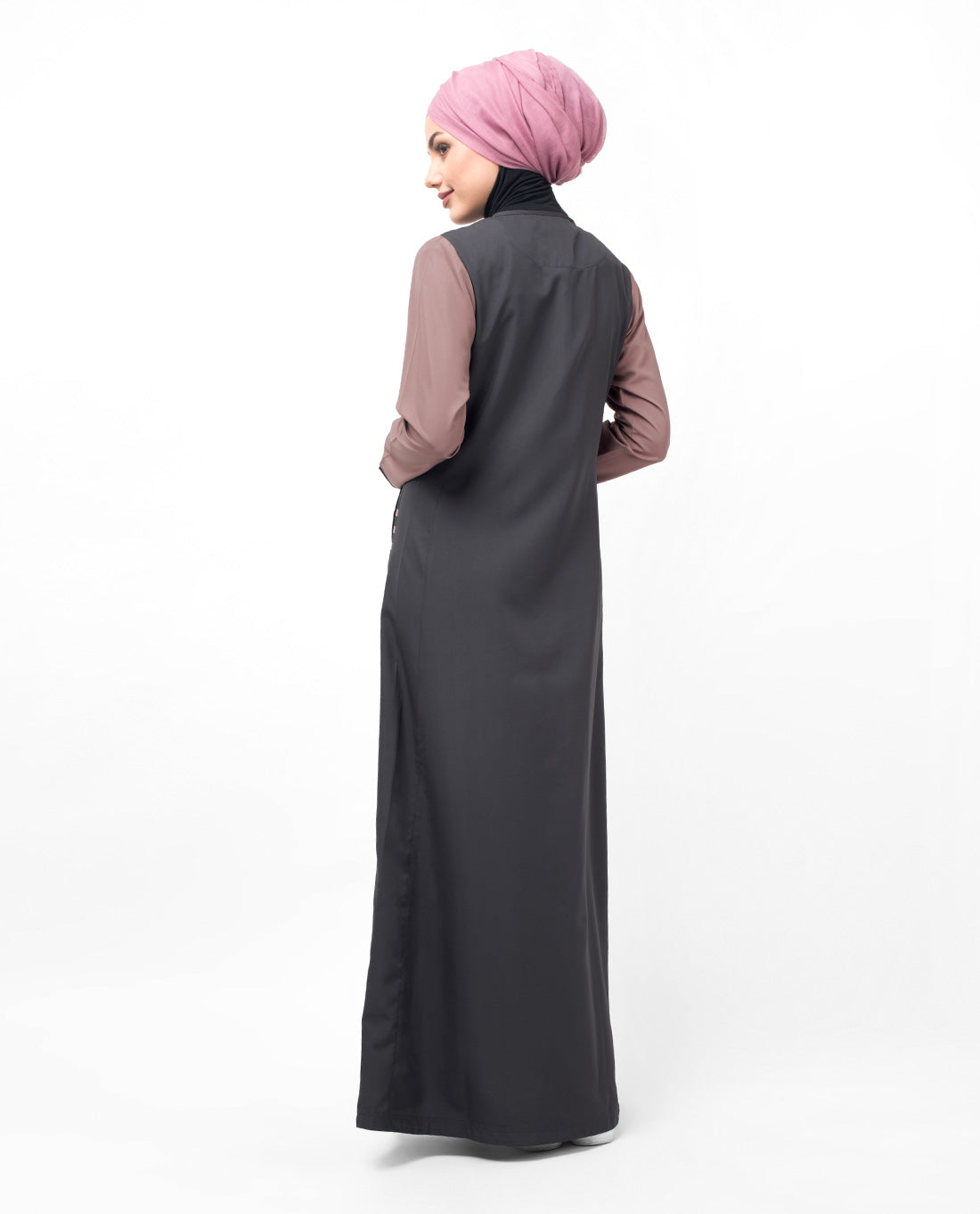 Grey Long Zip & Contrast Sleeve Abaya