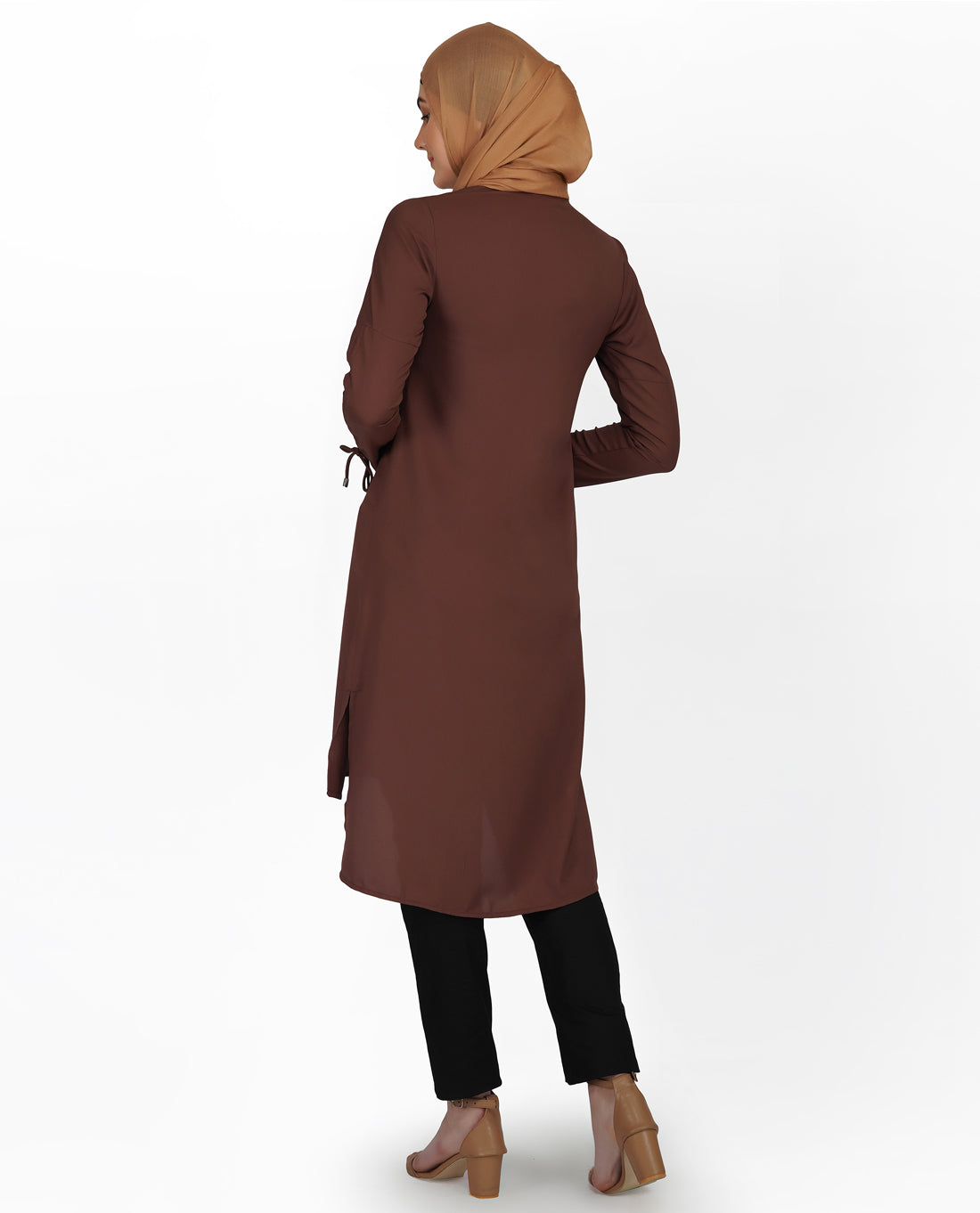 Cognac Brown Drawstring Sleeve Midi Dress