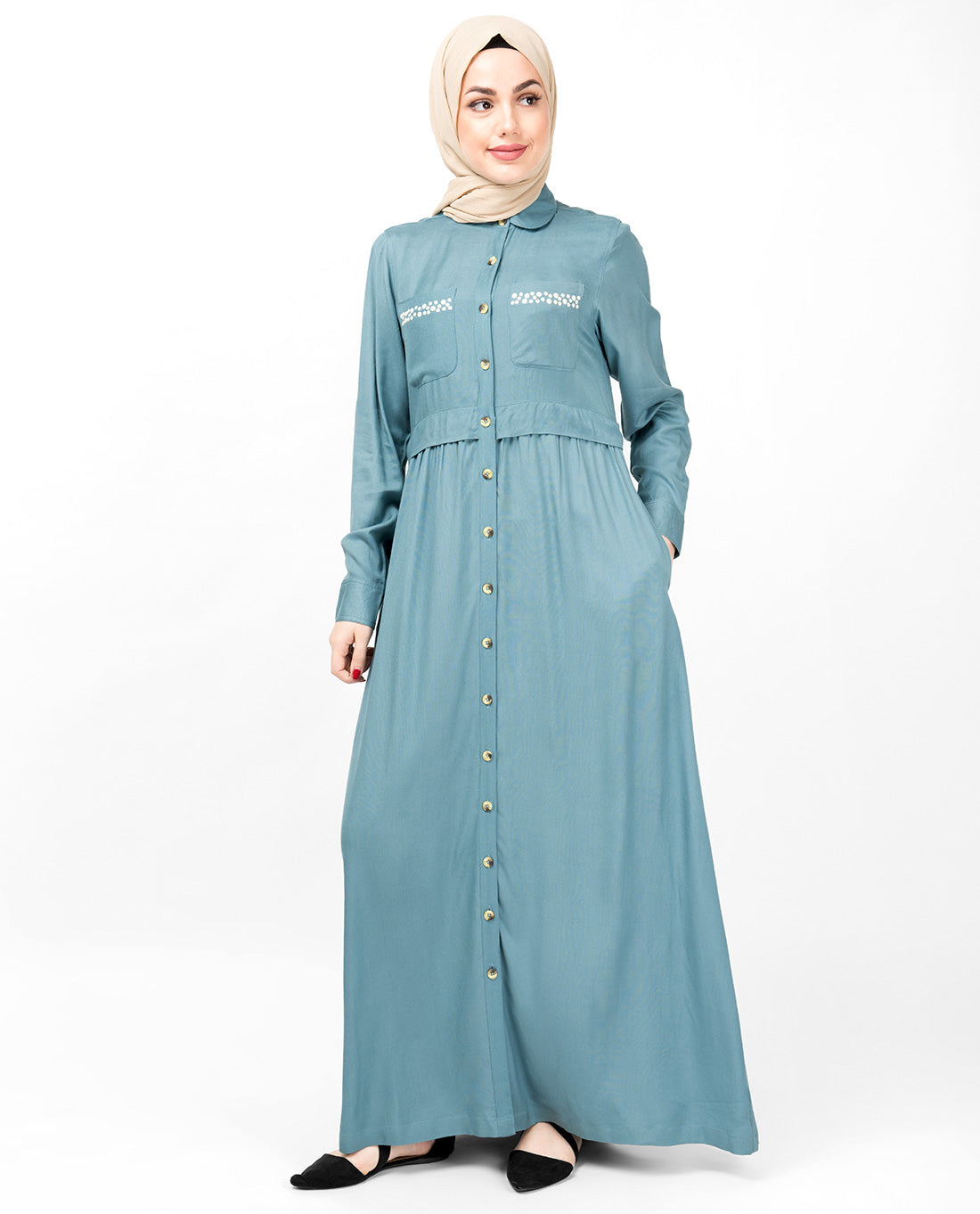 Smoke Blue Full Front Open Layered Abaya