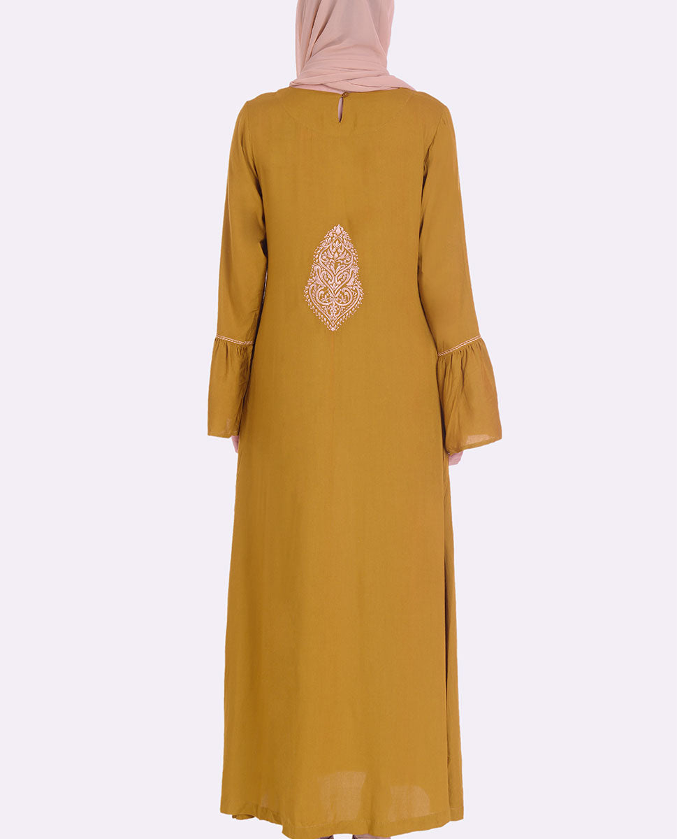 Mustard With Back Embroidery Abaya