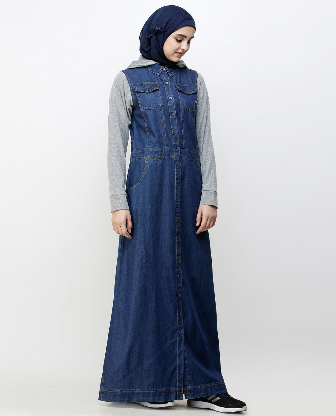 Blue Denim Detachable Hoodie Full Front Open Jilbab