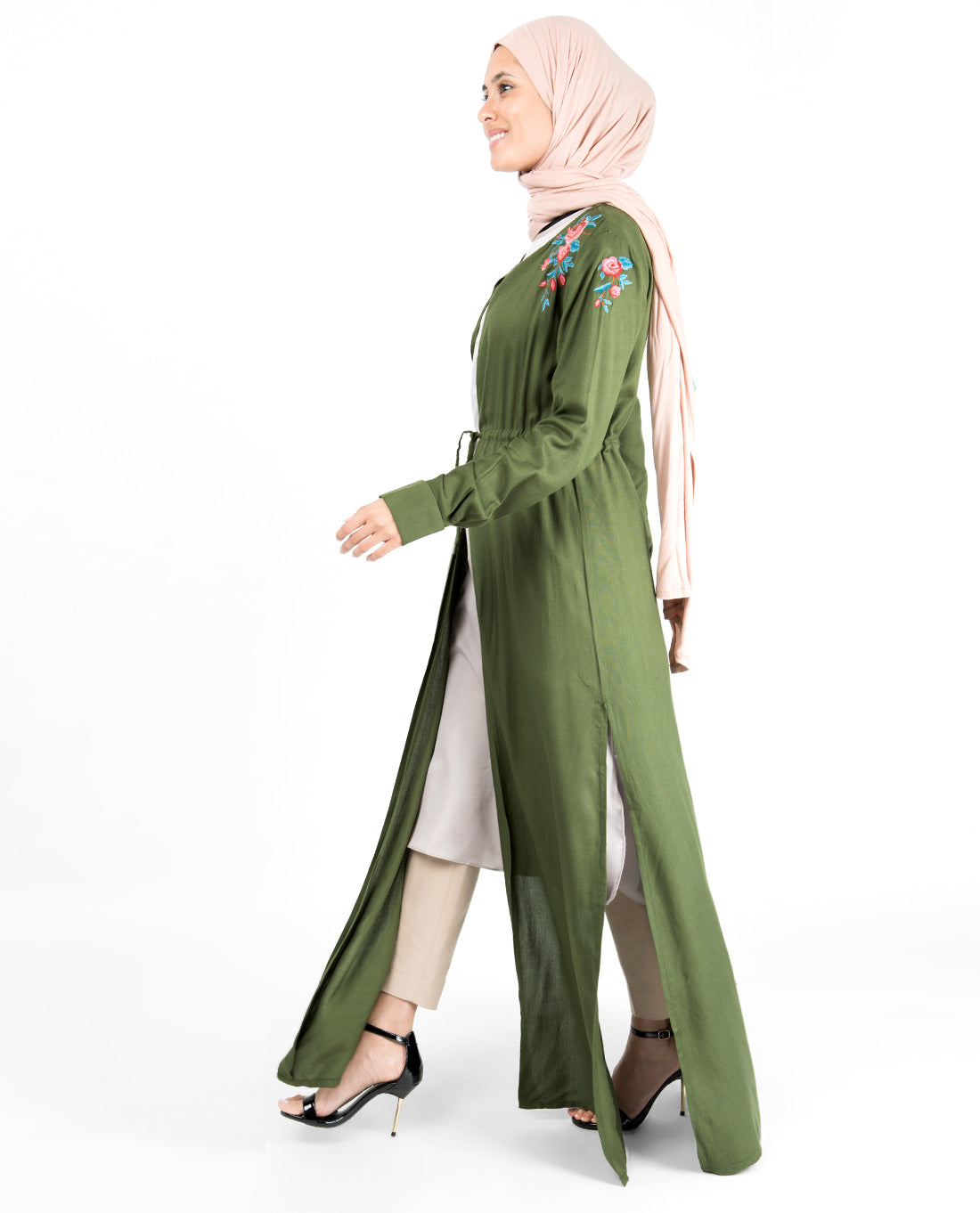 Cypress Green Floral Embroidered Outerwear