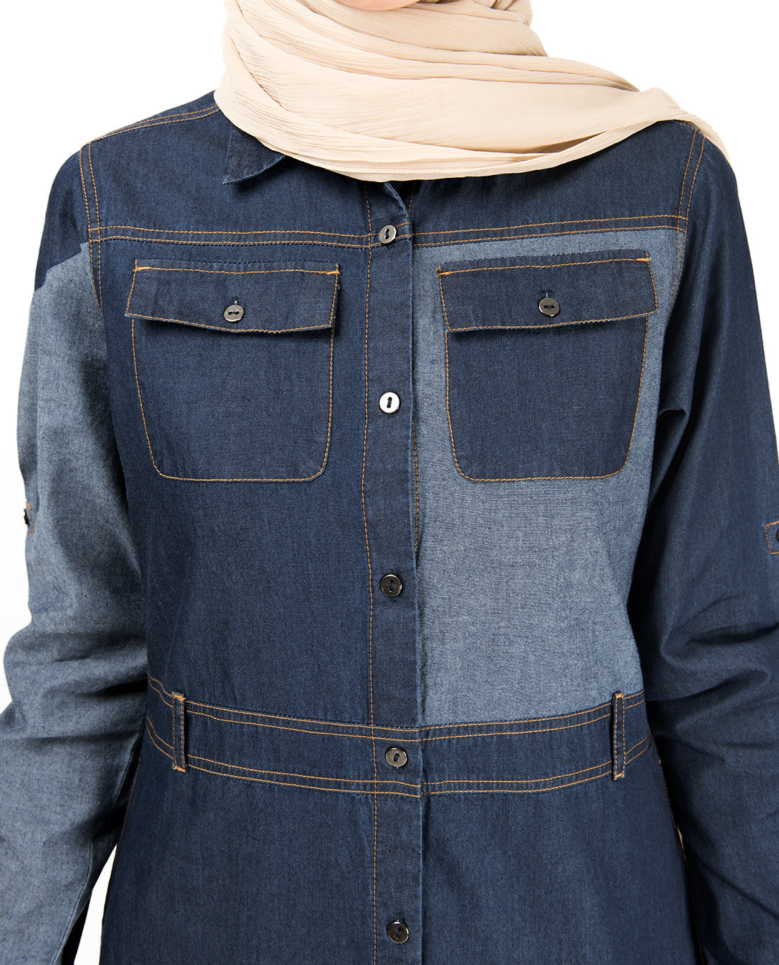 Contrast Chambray Full Front Open Denim Abaya