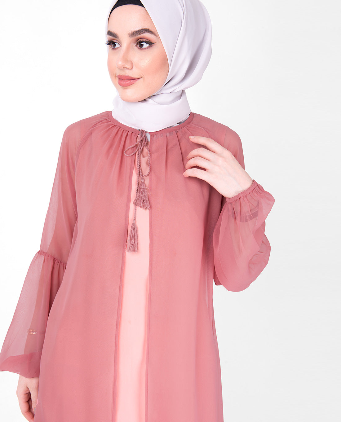 Pink Gathered Neck Sheer Outerwear