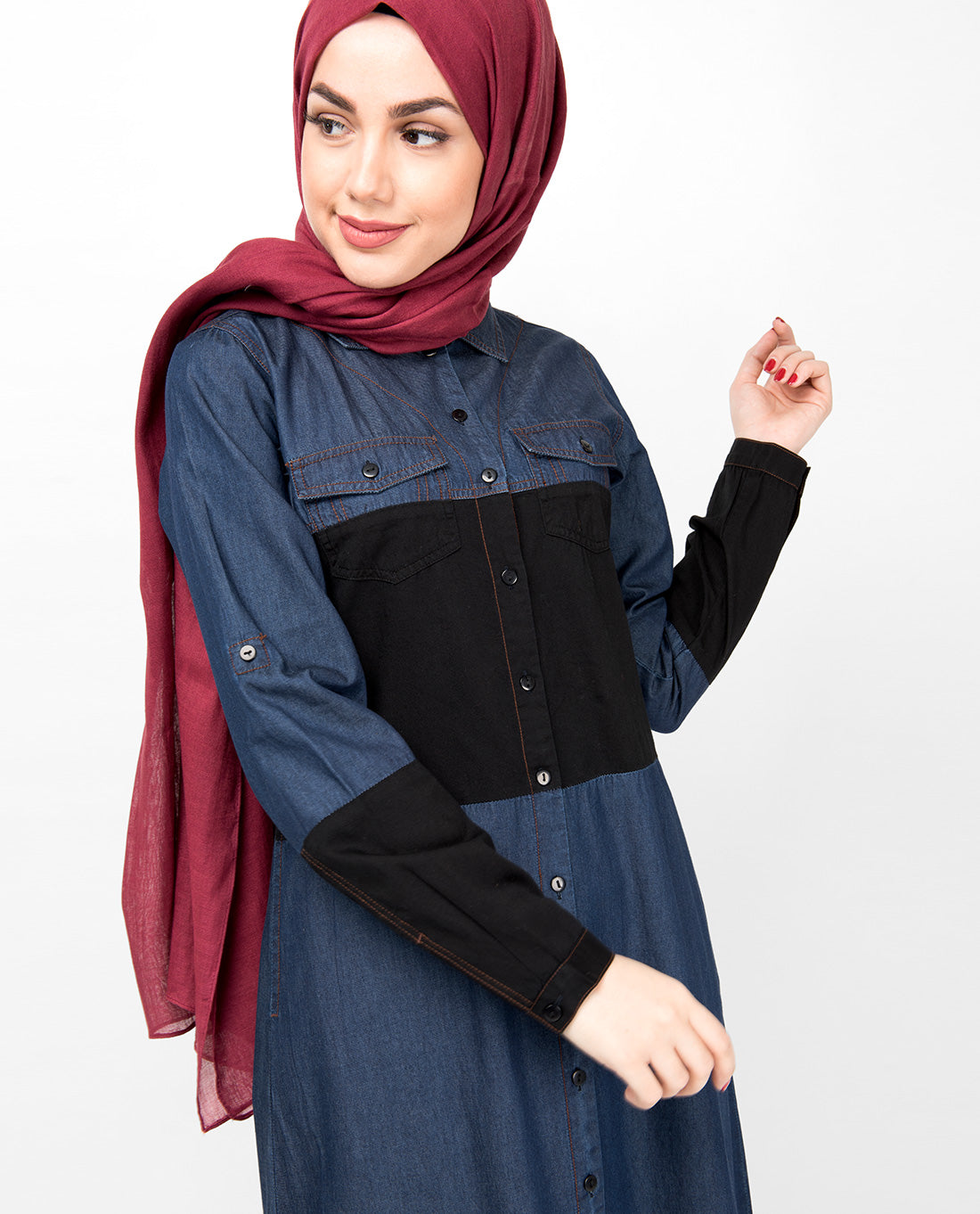 Blue & Black Full Front Open Denim Abaya