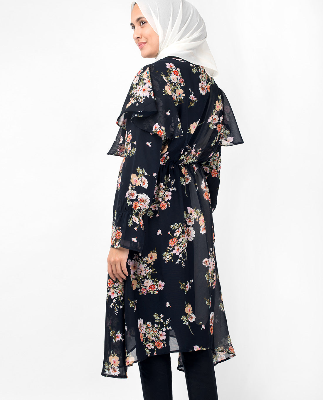 Navy Floral Handkerchief Boat Neck Midi Dress