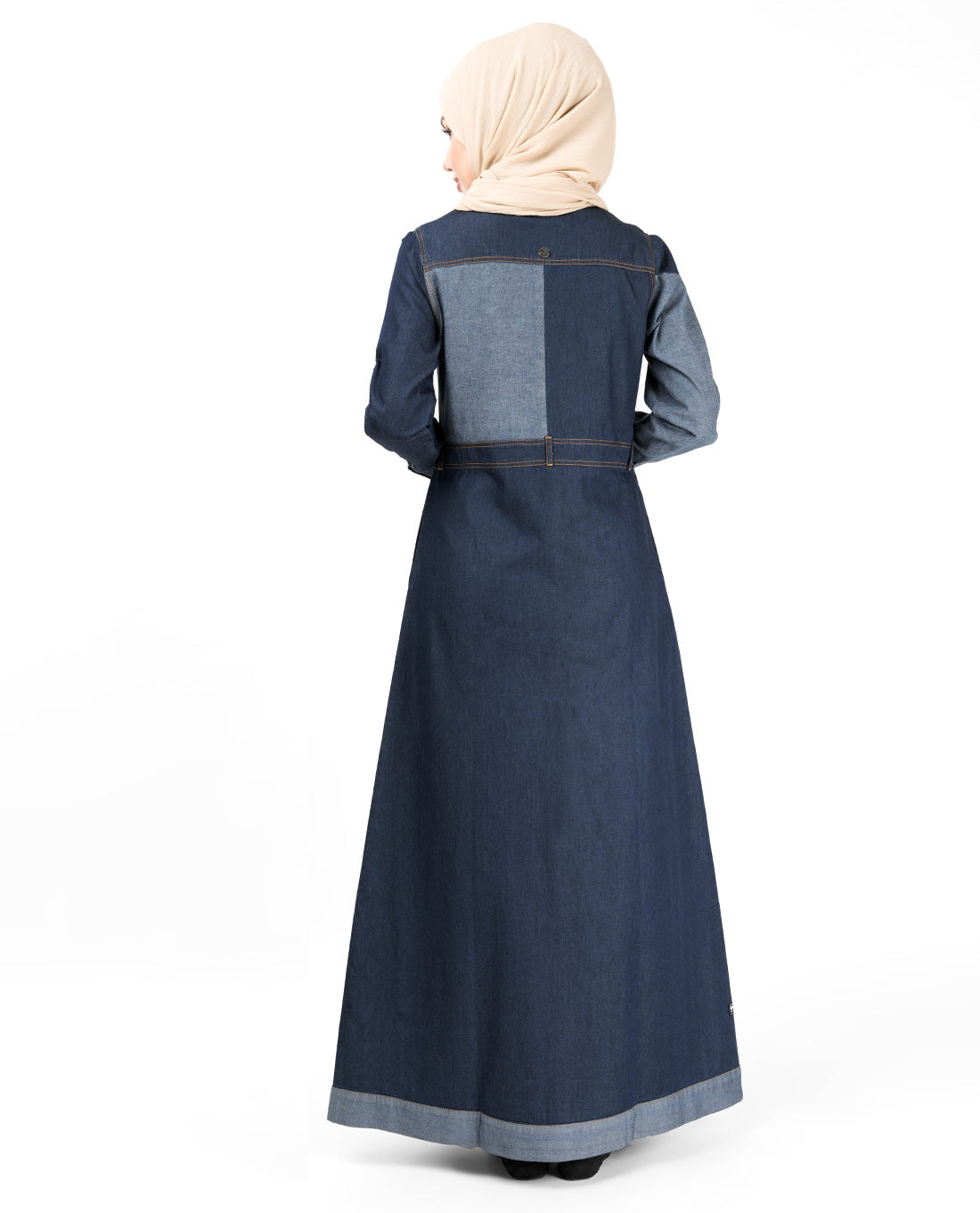 Contrast Chambray Full Front Open Denim Abaya