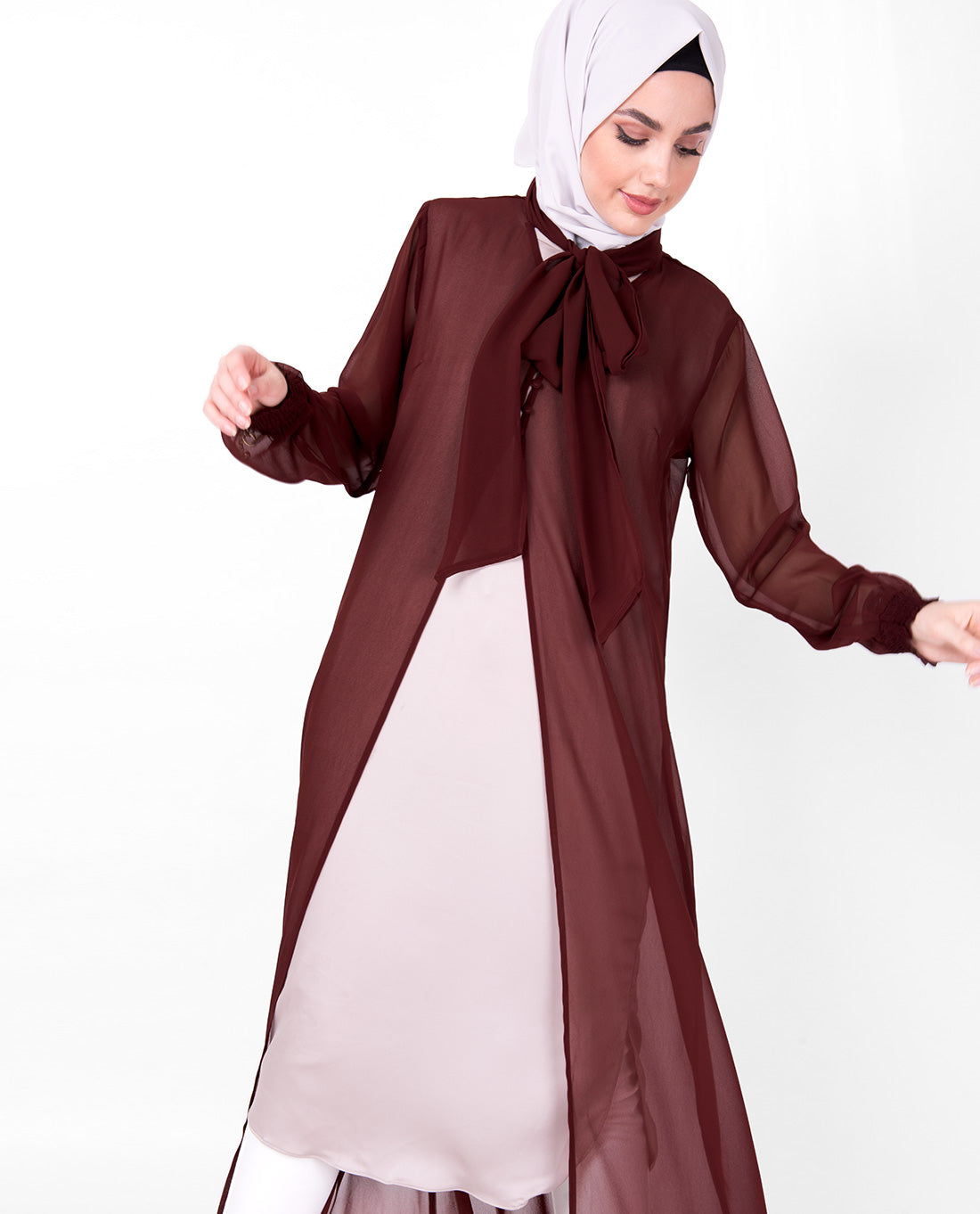 Maroon Gathered Neck Sheer Outerwear