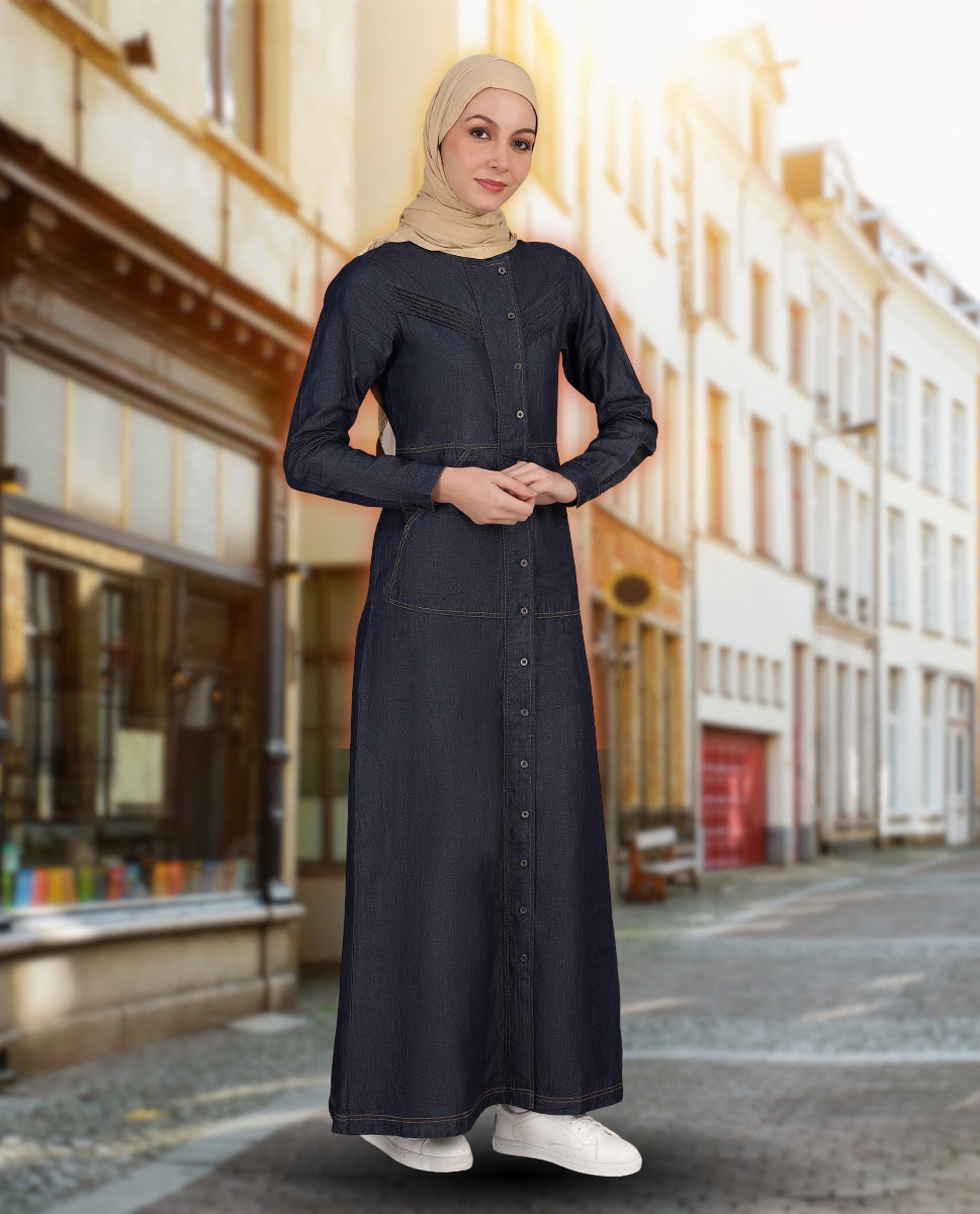 Rustic Blue Full Front Open Denim Jilbab