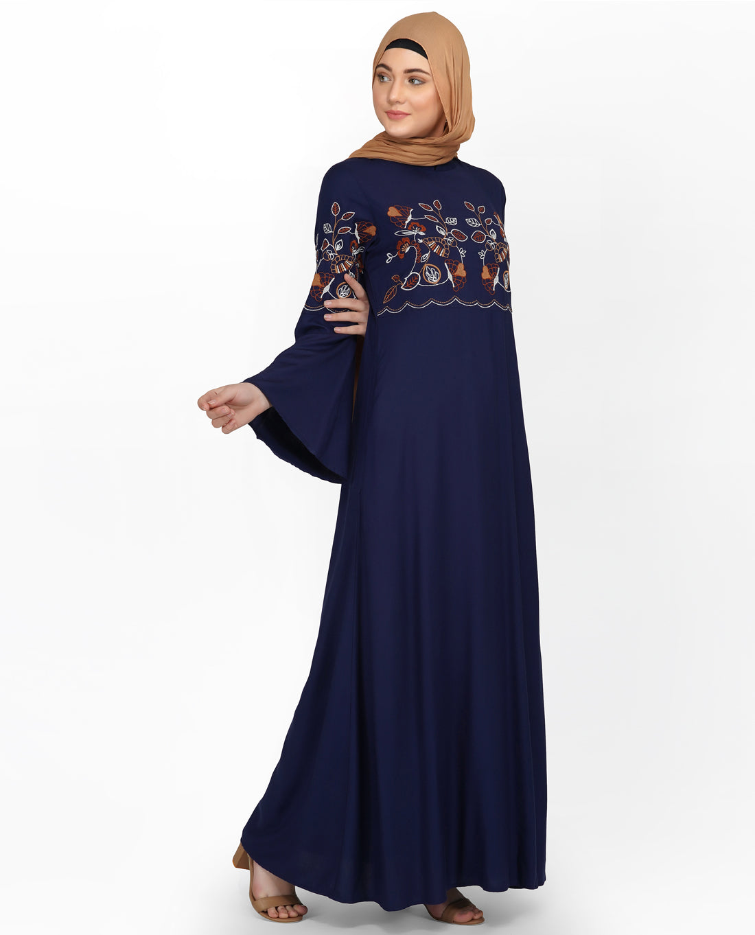 Navy Embroidered Bell Sleeve Abaya