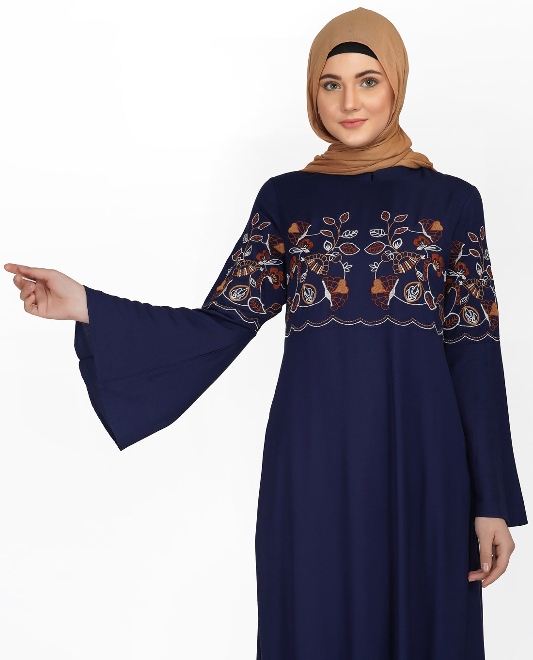 Navy Embroidered Bell Sleeve Abaya