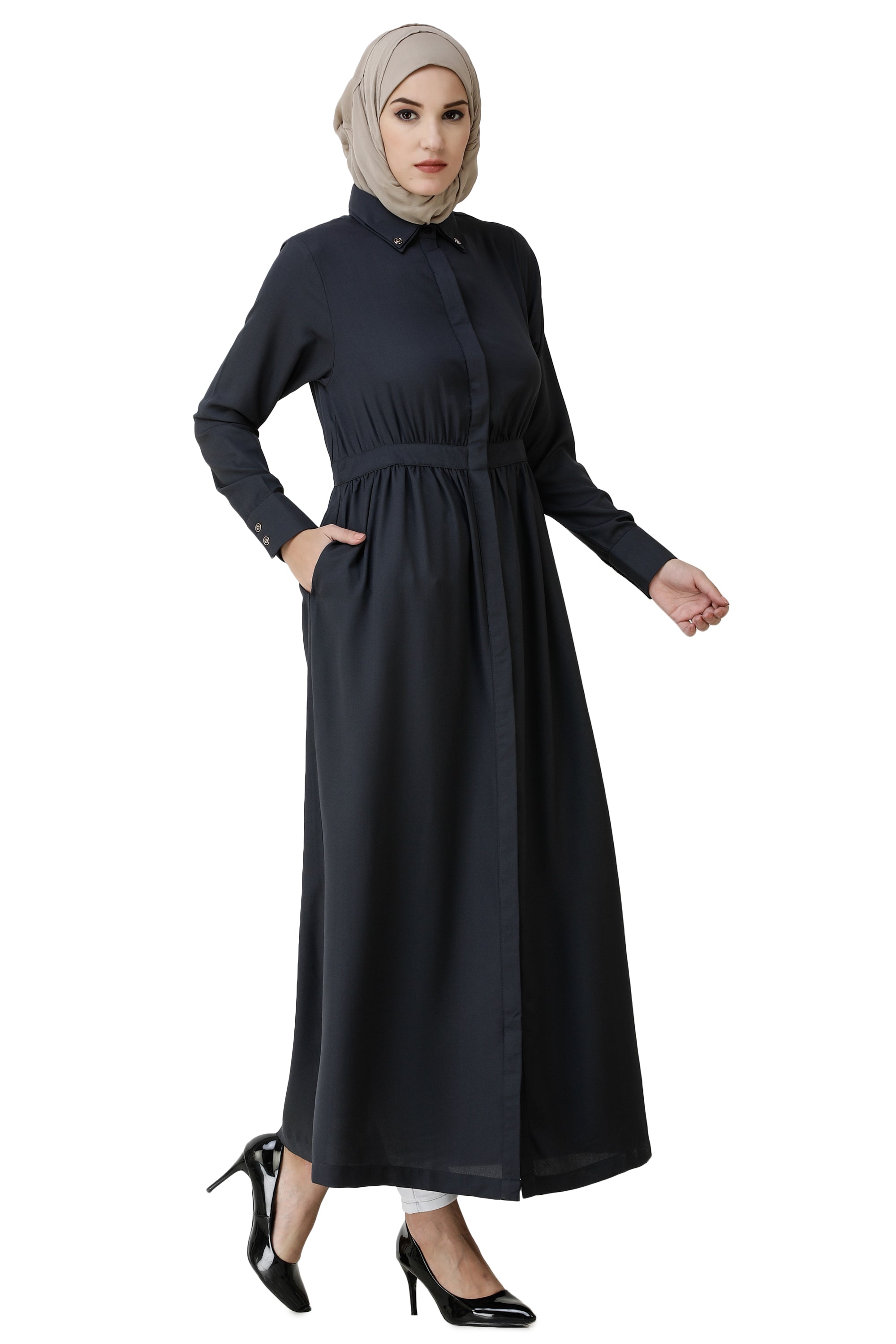 Ebony Gathered Waist Full Front Open Abaya