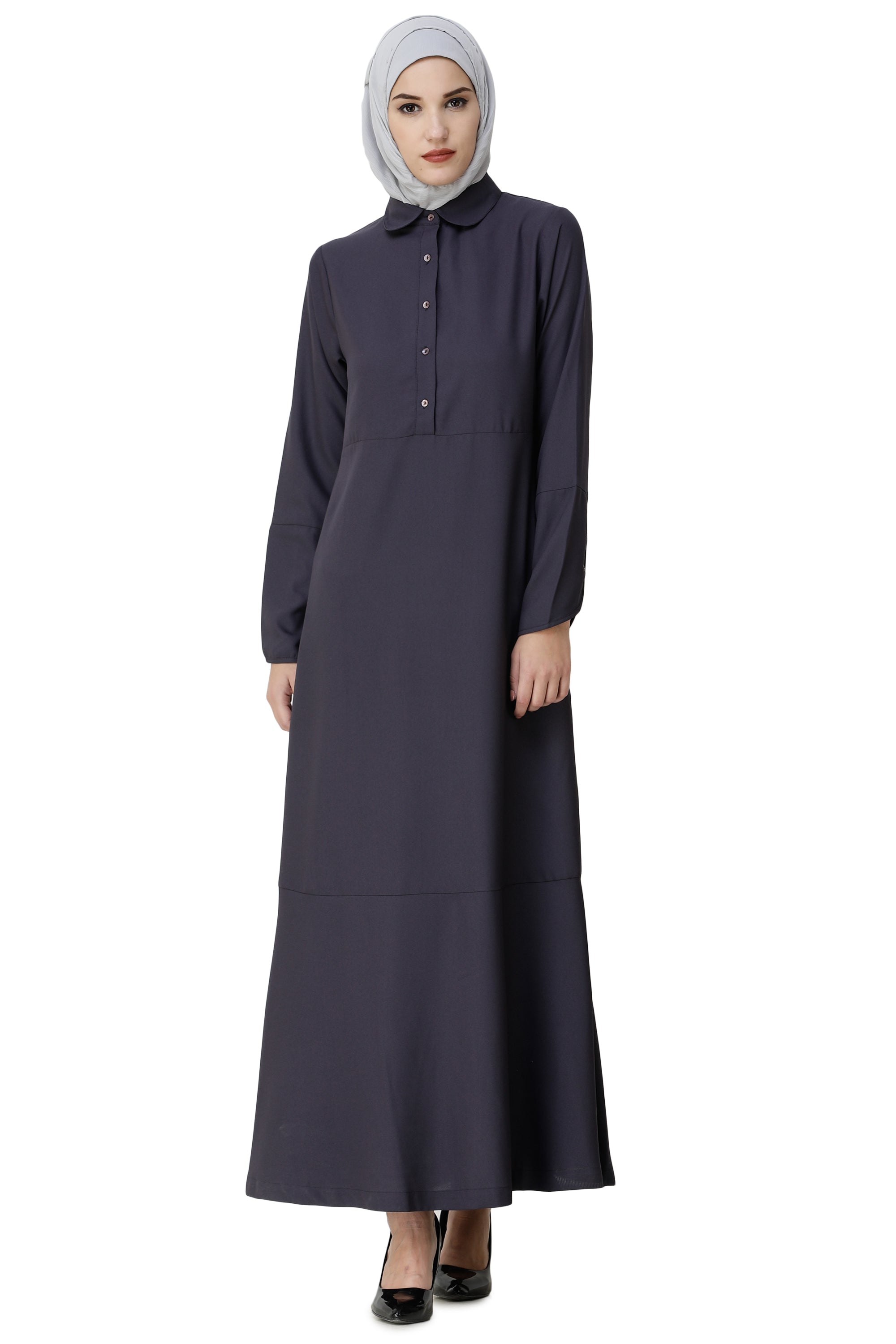 Graphite Grey Shirt Collar Flared Abaya