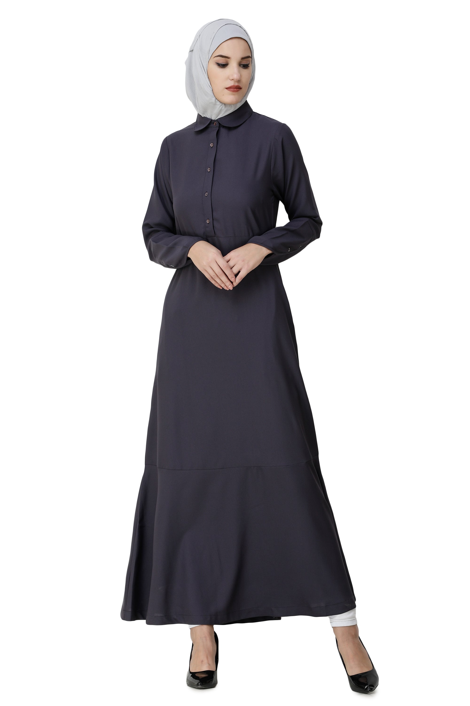 Graphite Grey Shirt Collar Flared Abaya