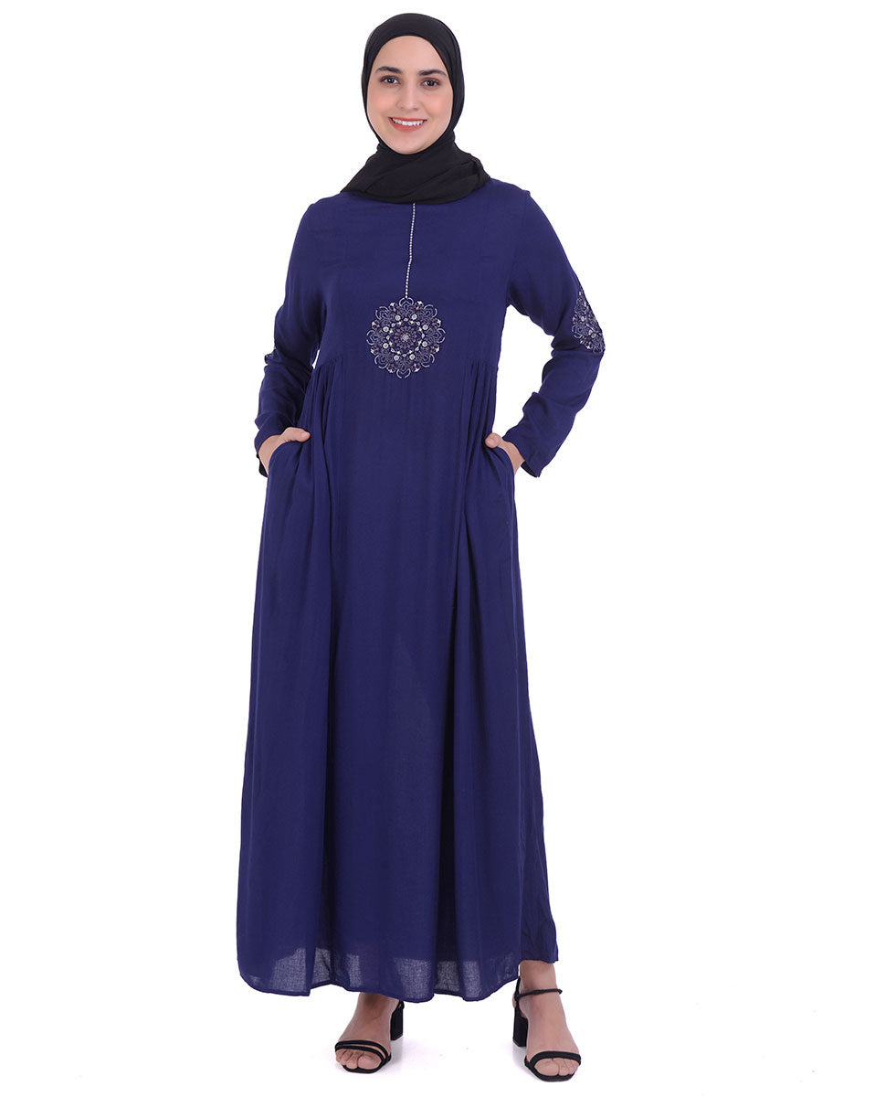 Navy With Off White Embroidery Abaya