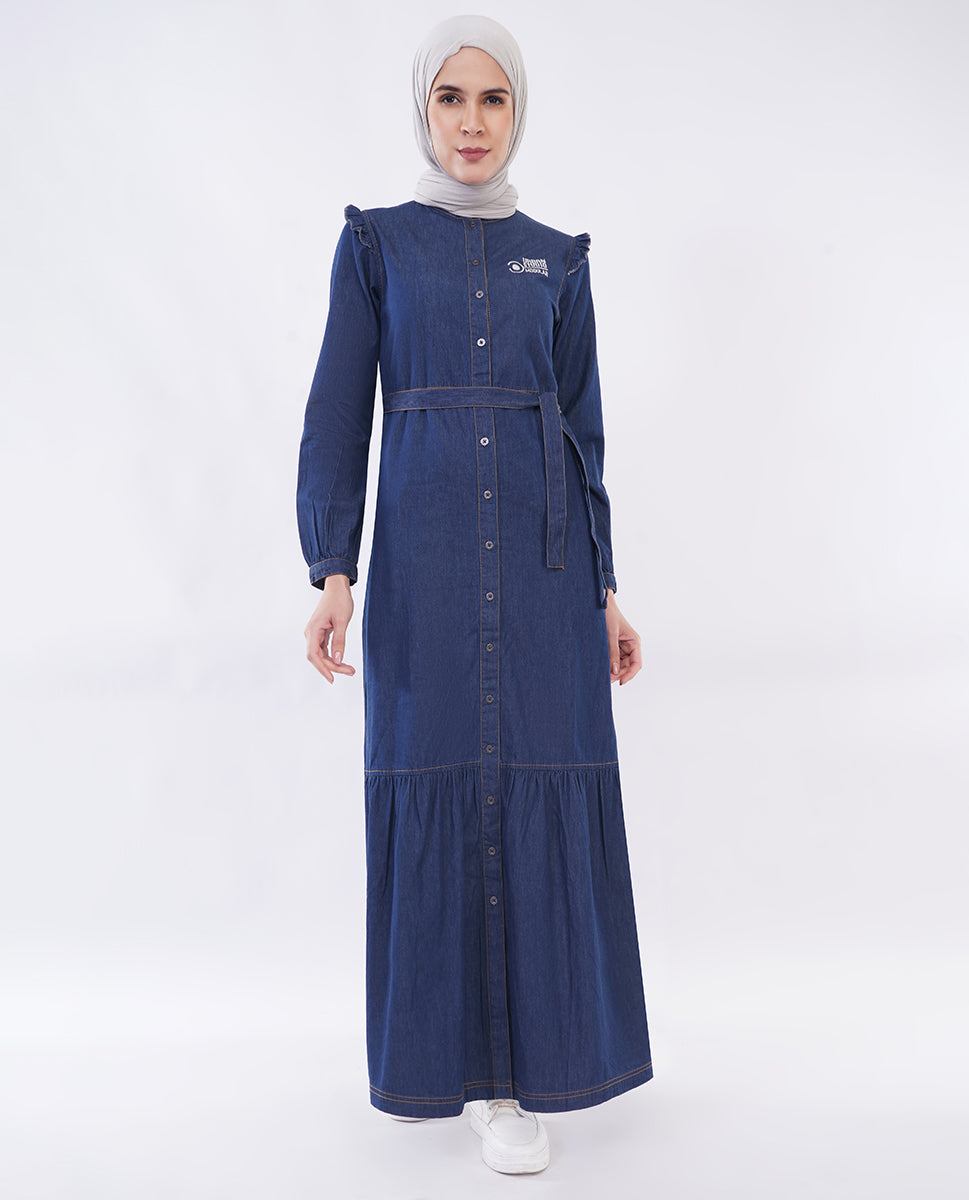 Ice Blue RuffleFlow Fine Denim Maxi Jilbab
