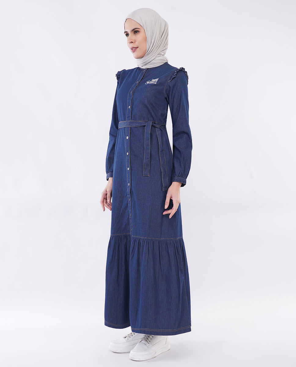 Ice Blue RuffleFlow Fine Denim Maxi Jilbab