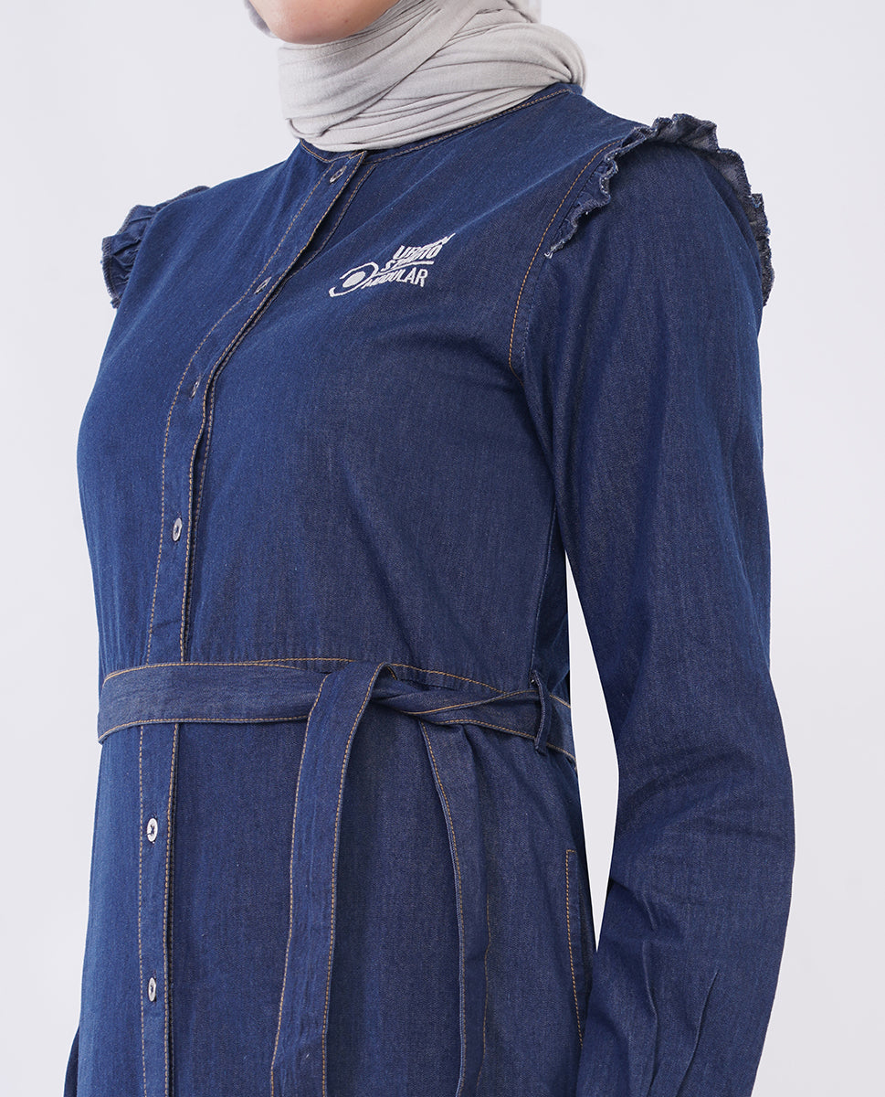 Ice Blue RuffleFlow Fine Denim Maxi Jilbab