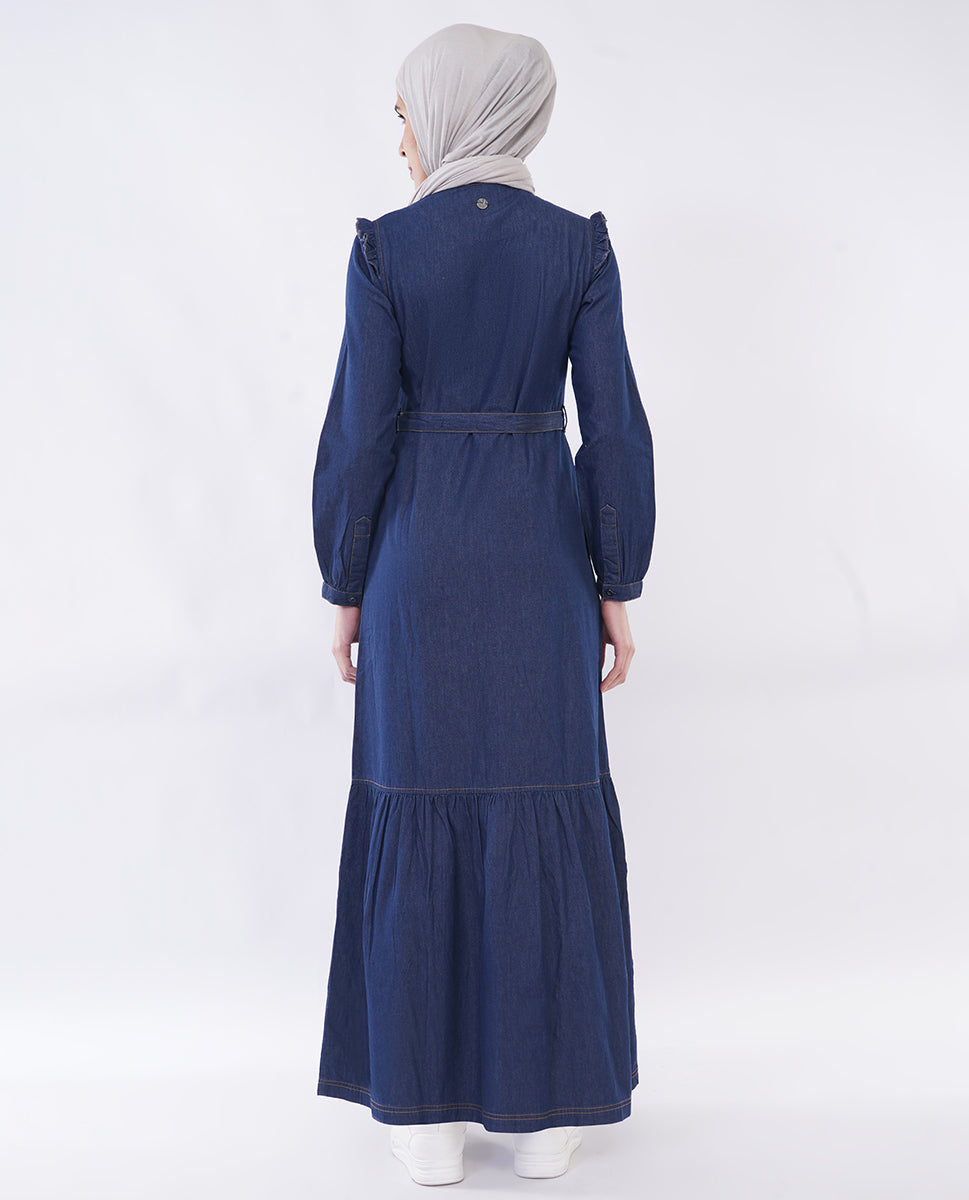 Ice Blue RuffleFlow Fine Denim Maxi Jilbab