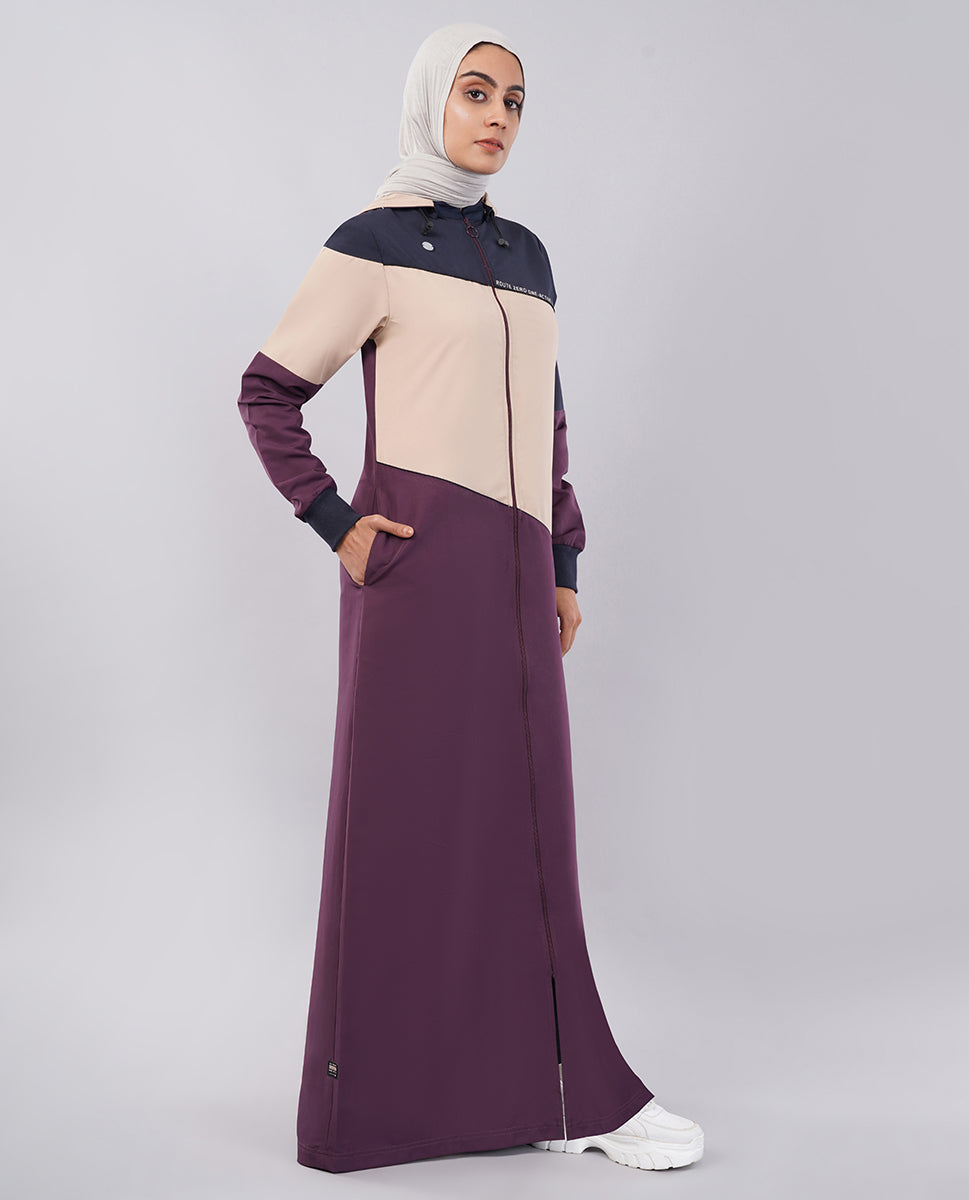 Burgundy Contrast Full Front Open Hooded Jilbab