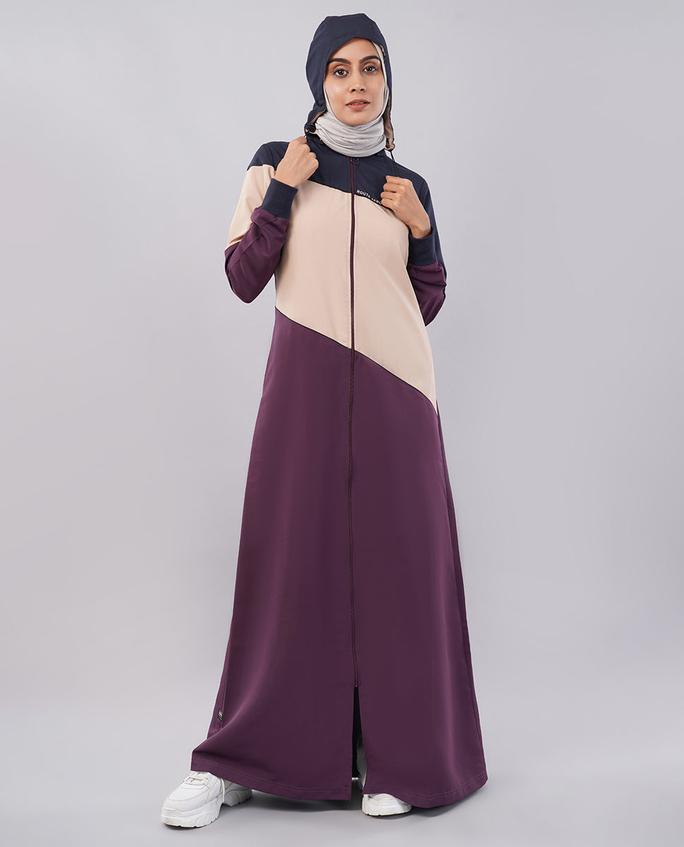 Burgundy Contrast Full Front Open Hooded Jilbab