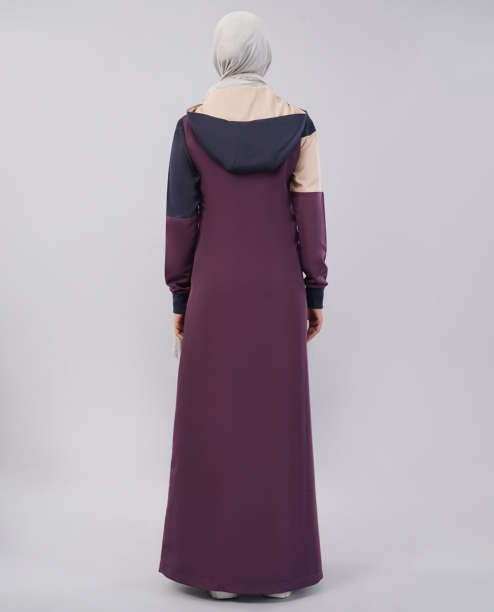 Burgundy Contrast Full Front Open Hooded Jilbab