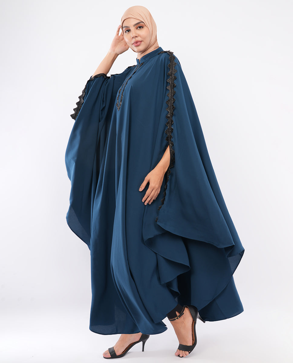 Teal Blue Embroidered Butterfly Kaftan Abaya