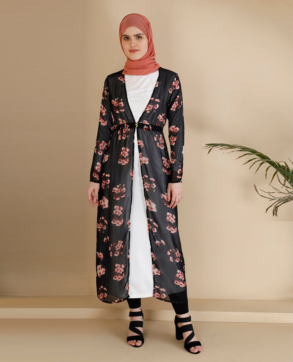 Floral Printed Black Outerwear