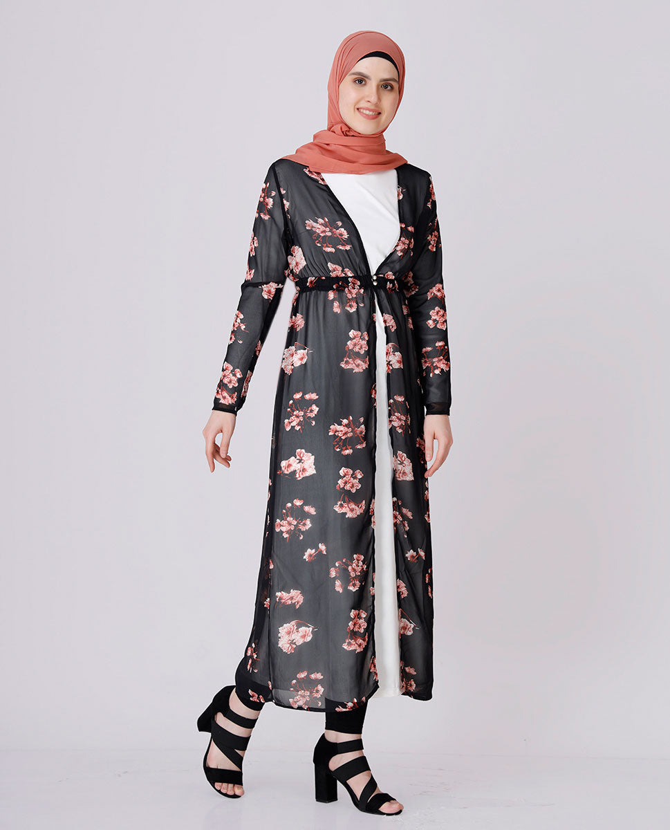 Floral Printed Black Outerwear