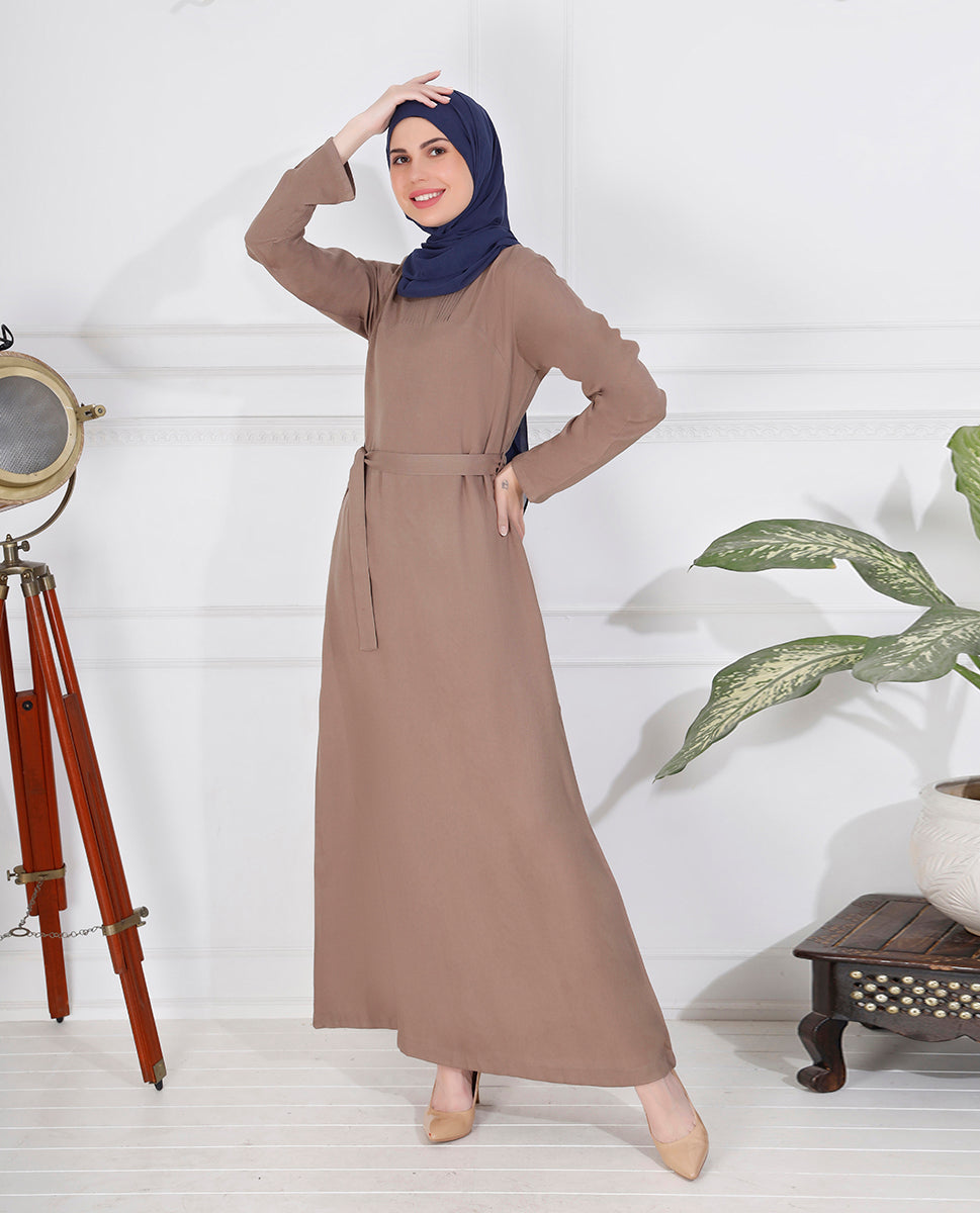 Khaki Brown Belted Rayon Abaya