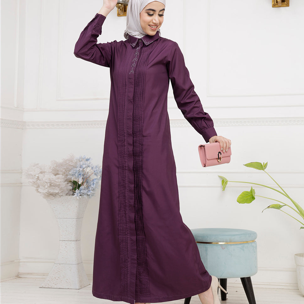 Front view of lavish purple pleated abaya – modest abaya design