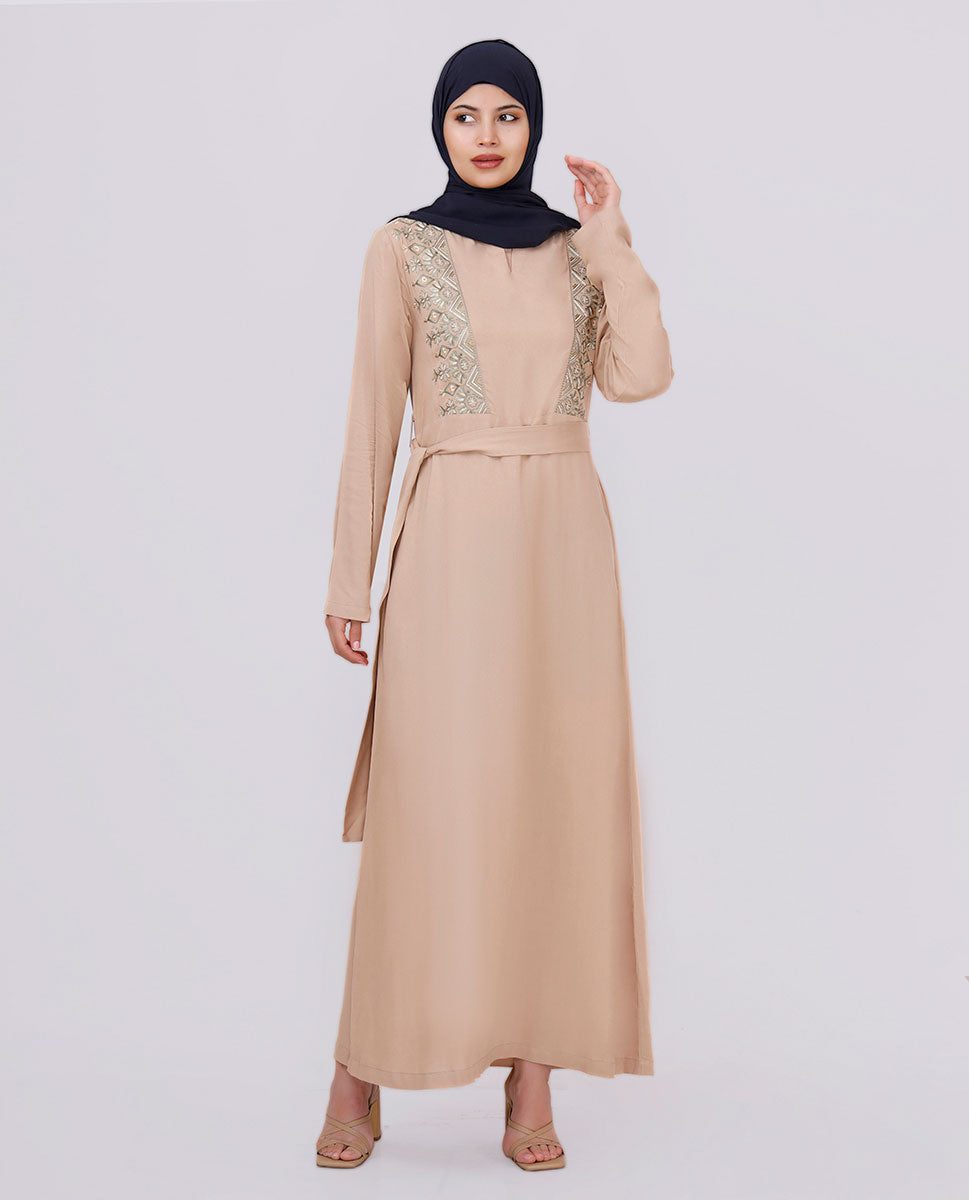 Khaki Brown Embroidered Abaya