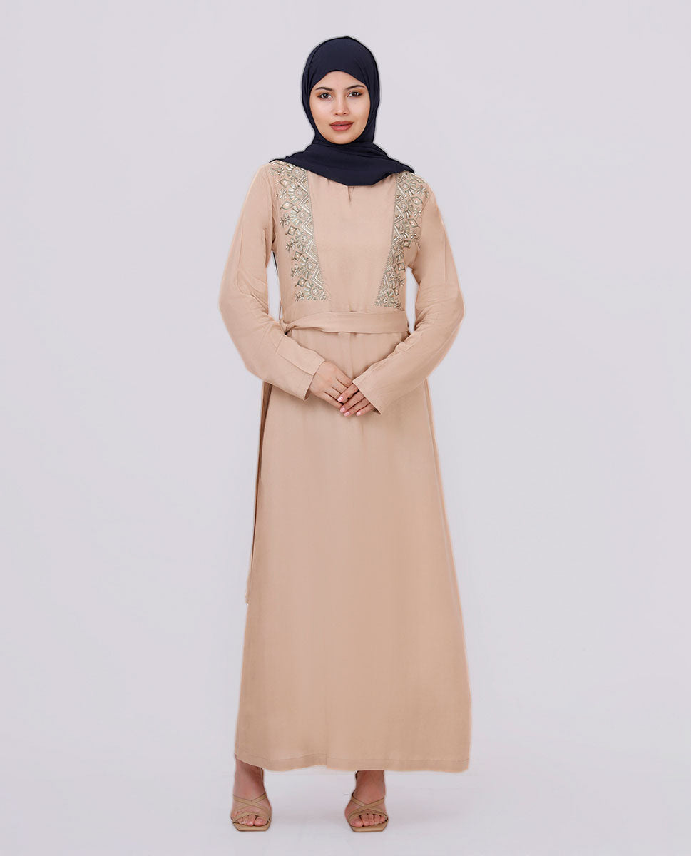 Khaki Brown Embroidered Abaya