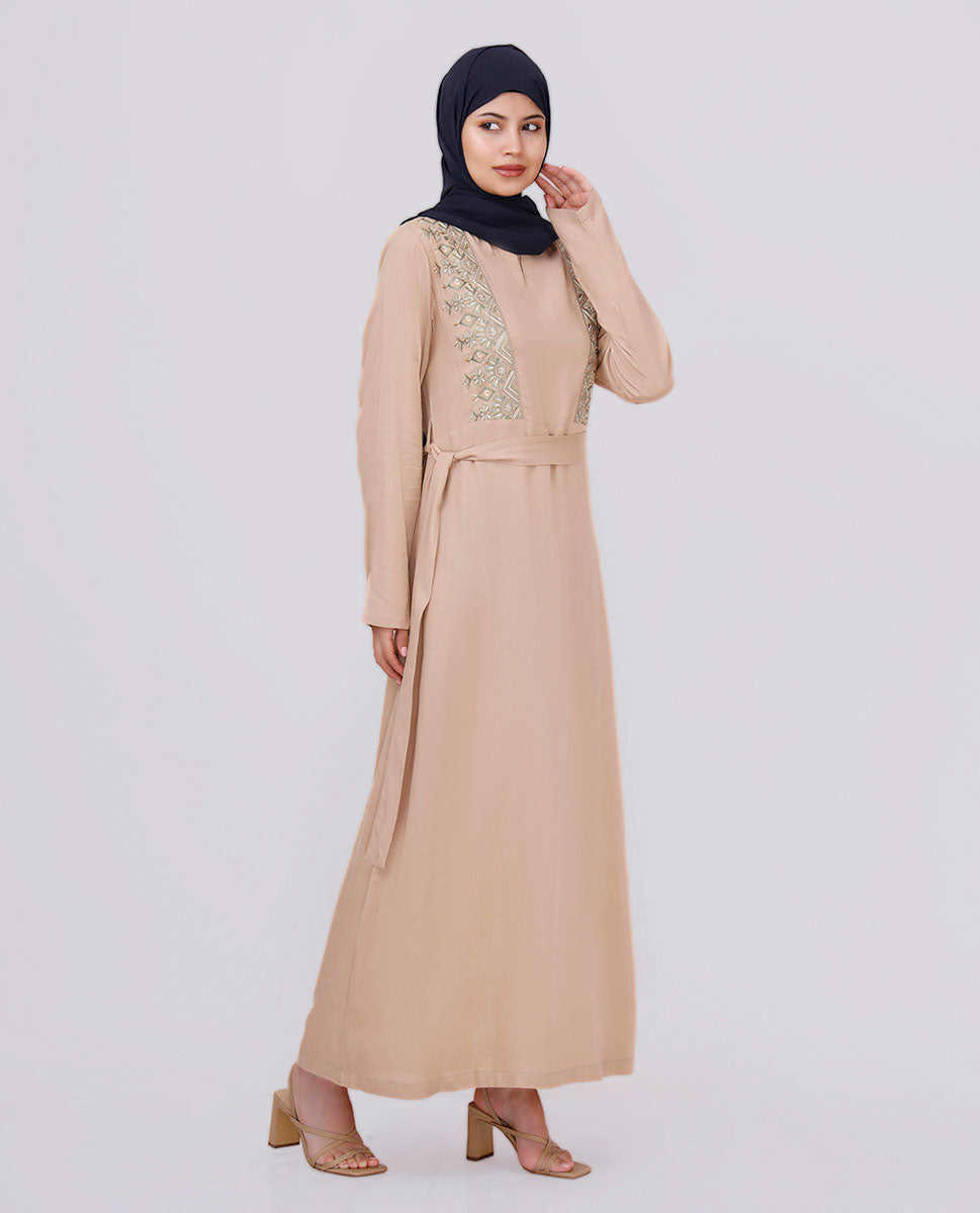 Khaki Brown Embroidered Abaya