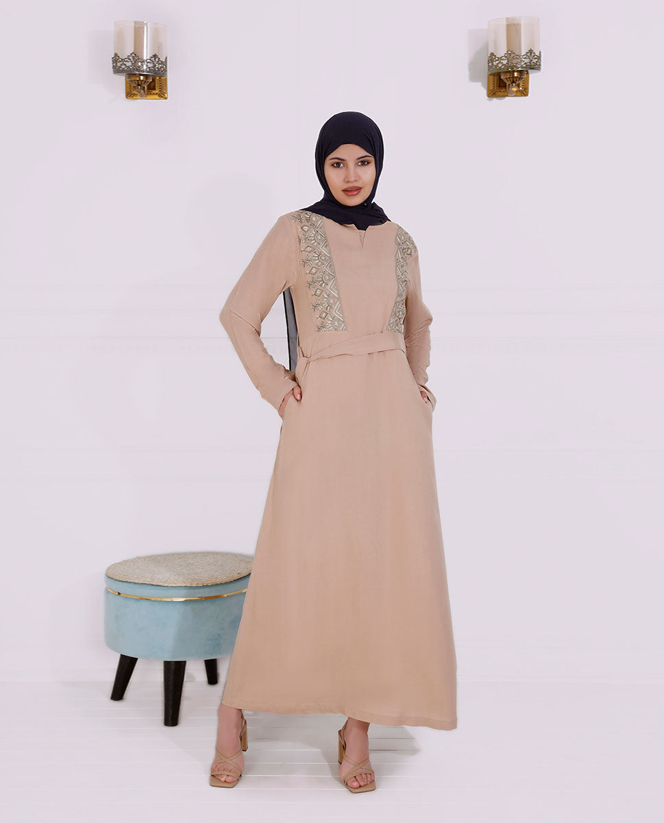 Khaki Brown Embroidered Abaya