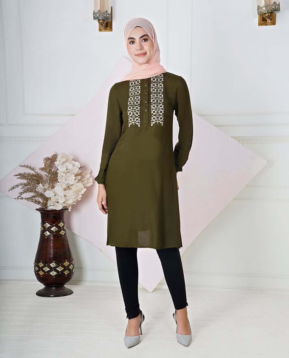 Ripe Olive Embroidered Rayon Top