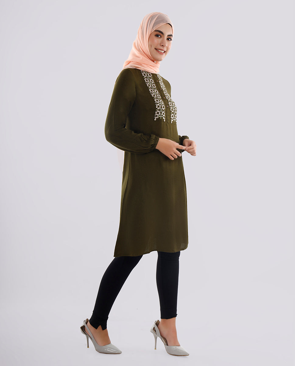 Ripe Olive Embroidered Rayon Top