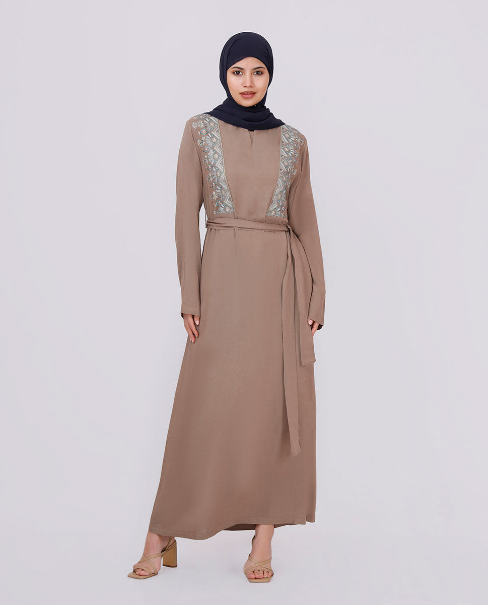 British Tan Embroidered Abaya