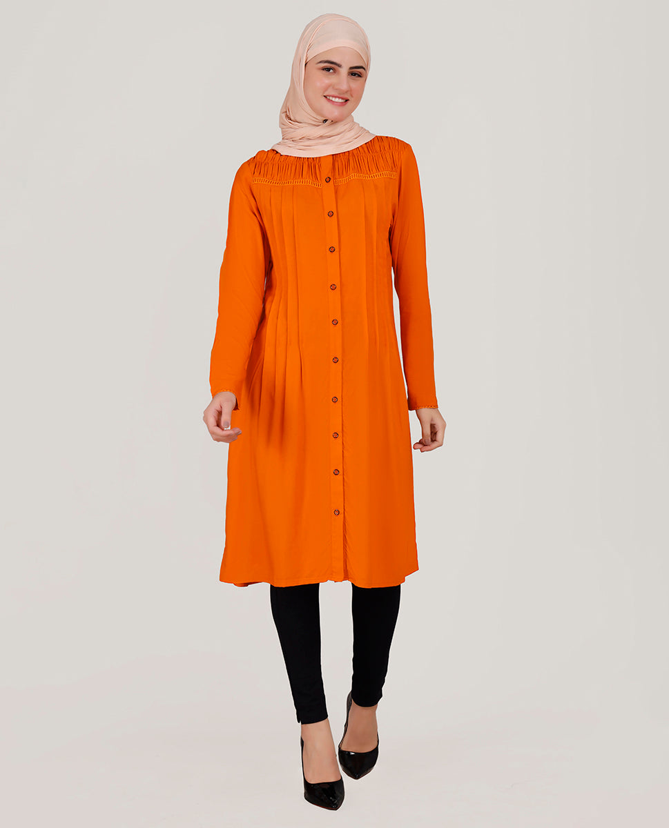 Peppy Orange Ladder Lace Shirt Dress