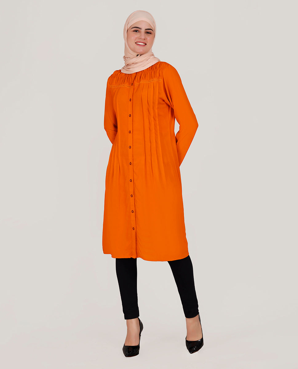 Peppy Orange Ladder Lace Shirt Dress