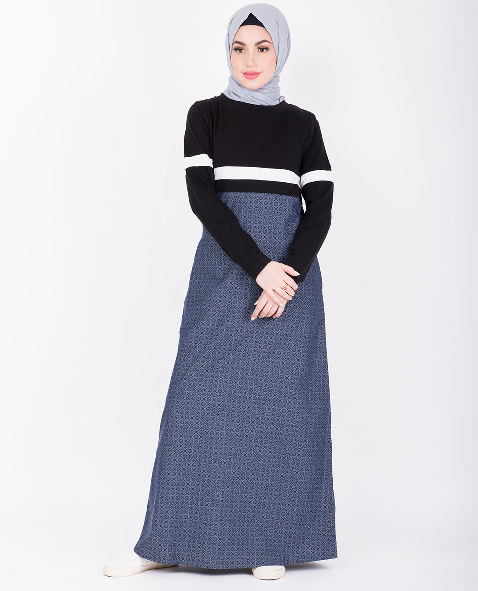 Printed Denim With Contrast Black Top Jilbab