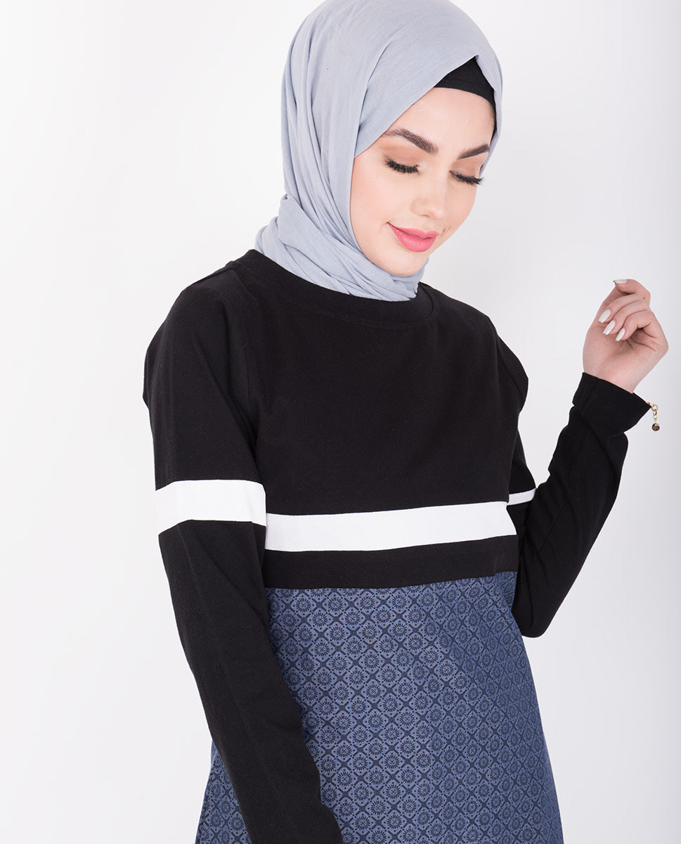 Printed Denim With Contrast Black Top Jilbab